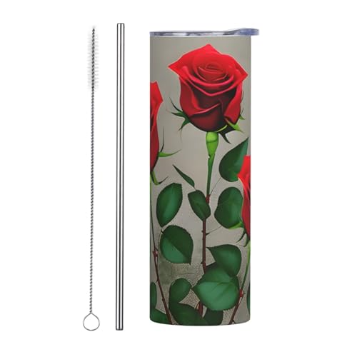 Juego de dos tazas de acero inoxidable con tapa, 20 onzas, rosas rojas, 1 botella de agua aislada impresa, fácil de transportar para cafetería, oficina, coche, deportes