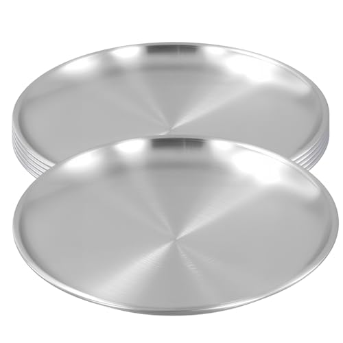 PINGEUI 6 platos llanos de acero inoxidable de 26 cm, plato redondo de metal plateado, platos de servir para acampar y uso al aire libre