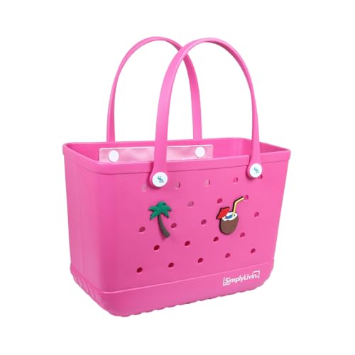SimplyLivin. Beach Bag | Tote Bag | Waterproof Rubber Bag for Pool Sports Shopping | Washable and Lightweight | Durable and Versatile | Includes Two Charms and Pocket | Original Pink | Large