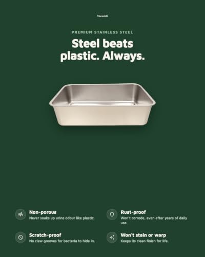 Image of Macushla Stainless Steel Cat Litter Box Large Open Tray 60 * 40 * 15 cms, Rust Proof Metal Litter Tray, Odor Resistant Easy Clean Litter Box for Kittens and Adult Cats