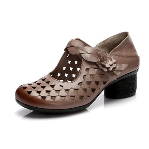 Women's Leather Hollow Out Mary Jane Chunky Heel Pumps,Casual Closed Round Toe Hook & Loop Low Heel Dress Shoes,Comfort Flower Block Heel Sandals