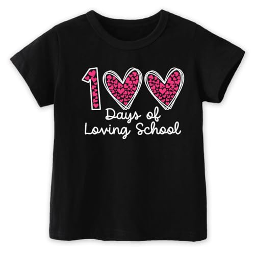 Image of Kids Little Boys Girls 100 Days of School Shirt Short Sleeve Funny Graphic Letters Print Celebration Top