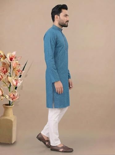 Image of FASHION GALLERY Men's Solid Pattern Polycotton Kurta with Long Sleeve Round Neck Knee Length and Pull On Closure Type|Men Kurta Pajama Set