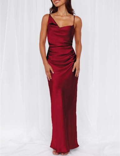 Image of Formal Satin Silk Spaghetti Strap Maxi Dresses for Women Wedding Guest