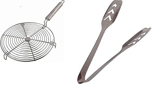 Round Stainless Steel Papad Jali, Paneer Grill, Roti Maker, Barbeque Jali Roaster Chapati Toast Grill Wooden Handle (Silver) with Stainless Steel Momo Tong-(Pack of-2)-image-15