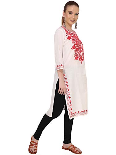 Image of QAZMI Women's Floral Aari Embroidered Viscose Rayon 3 /4 Sleeves Straight Kurta