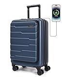 BAGSMART Expandable Carry On Luggage 22x14x9 Airline Approved, 20 Inch Suitcase with Spinner Wheels, Charging Ports, TSA Lock, Hard Shell Front Opening for Men Women Travel Business, Blue