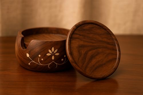 Image of Oaklyn Wooden Lotus Coaster Set of 6 with Barrel Stand - Tea & Coffee Table Coasters (3.5 Inch) (Lotus coaste)