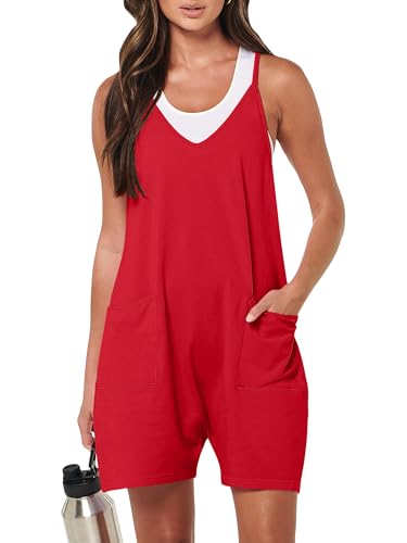 LILBETTER Womens Summer Rompers Casual Sleeveless Spaghetti Strap Shorts Jumpsuit Overalls Outfits with Pockets(Bright Red X-Large)