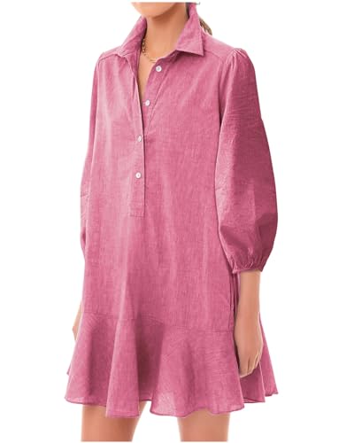 Image of YEXPINE Women Button Down Dress Casual 3 /4 Puff Sleeve Cotton Linen Dress Flowy Ruffle Hem Tunic Shirt Dresses