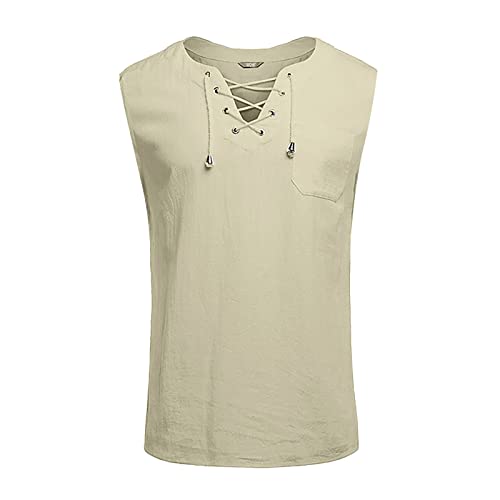 Ymosrh Tank Tops Men, Top Muscle Fit Shirt Men's Shirts Sleeveless Casual Loose Cotton Linen Shirts Colour Shirt Blouse Vest Beach Shirts Tops For Men Jersey Tank Top Camisetas Para (4Xl, 1-Khaki) #TOP2