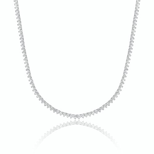 TIKJE S925 Sterling Silver Tennis Necklace| 3 Prong 2mm-5mm Cubic Zirconias Round Cut Faux Diamond Tennis Chain for Women and Men 16-22 inches Valentine's Day Gift for Her/Him