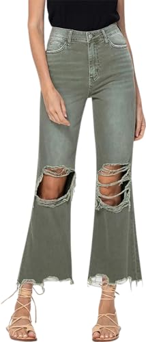 VERVET by Flying Monkey Distressed Cropped Flare Jeans Olive High-Waist