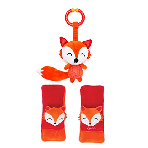 Image of Diono Baby Fox Character Car Seat Straps & Toy, Shoulder Pads for Baby, Infant, Toddler, 2 Pack Soft Seat Belt Cushion and Stroller Harness Covers Helps Prevent Strap Irritation