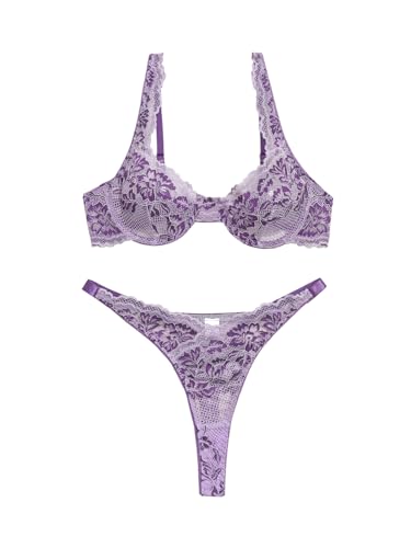 Image of Lilosy Sexy Floral Lace Scallop Underwire Push Up Sheer Lingerie Set Outfits