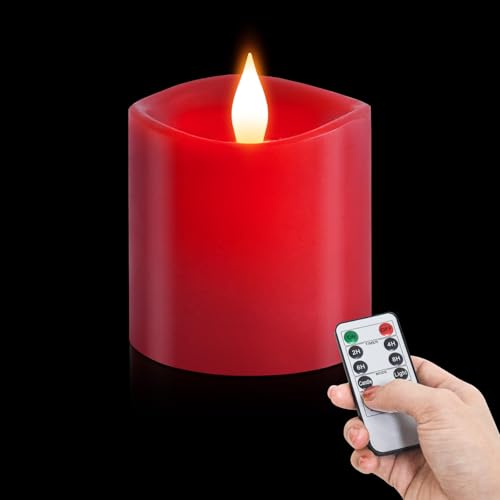Image of 3x3 Flickering Flameless Candles Set of 1, Real Wax Pillar LED Candles Flickering, 3 inch Flameless Candles with Remote,Battery Powered Candles, for Party /Wedding,Red