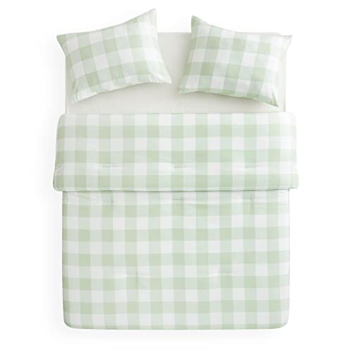 Wake In Cloud - Sage Green Plaid Comforter Set, Sage Green And White Cottagecore Buffalo Check Gingham Checker Geometric Modern Pattern Printed, Soft Microfiber Bedding (3Pcs, Queen Size) #TOP2