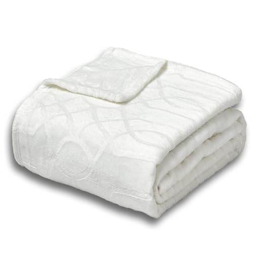 Serenhom Soft Cozy Fleece Queen Size Blanket, 90x90 Inches – Lightweight Plush Blanket for Bed, Fuzzy 3D Jacquard Design - Ivory White