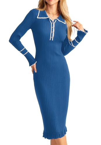 GRACE KARIN Vestido de Punto para Mujer Manga Larga Cuello Solapa Acanalado...
