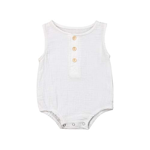 KMBANGI Newborn Baby Girl Boy Linen Outfit Sleeveless Romper Jumpsuit One-Piece Bodysuit (9-12 Months, White)