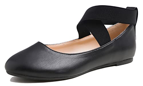 Feversole Women's Stretchy Elastic Ankle Straps Ballet Flats Shoes Black Vegan Leather Size 5 UK