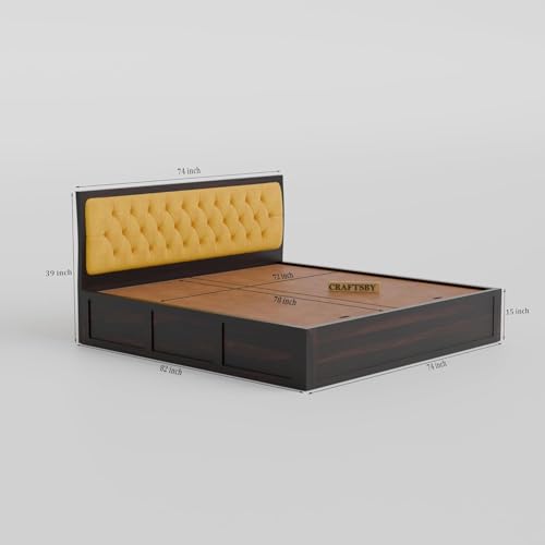 Image of Solid Sheesham Wood King Size Bed with Box Storage | Yellow Upholstered Cushion Headboard | Wooden Double Bed for Bedroom | Cot /Palang /Mancham | Walnut Finish