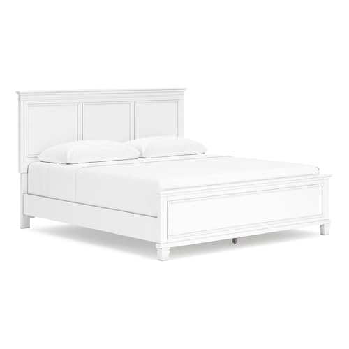 Image of Signature Design by Ashley Fortman Transitional King Panel Bed with Tapered Feet, Foundation or Box Spring Needed, White