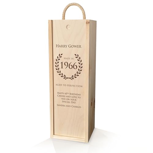 Personalised Wooden Wine Gift Box for Birthday, Wedding, Anniversary, Special Occasion - 'Aged to Perfection'. Lined with Woodwool