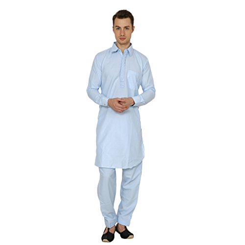 Traje Pathani bordado Royal Kurta azul de hombre para eventos y bodas talla 42