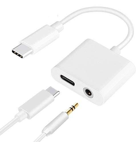 USB C to 3.5mm Audio Adapter, HiMusic 2 in 1 USB Type C Male to 3.5mm Female Earphone Converter Dongle and Charging Adapter Compatible with Google Pixel 3/3 XL, Galaxy Note 10/10 Plus and More (White)