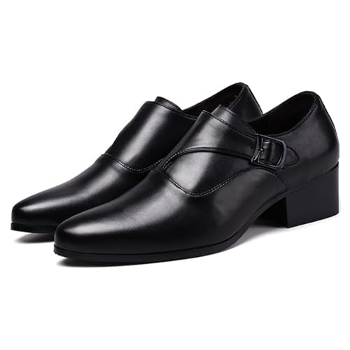 Men's Genuine Leather Chunky Heel Monk Strap Oxford Loafers Fashion Pointed Toe Slip-On Low Top Chelsea Boots Dress Heels for Business Wedding Party