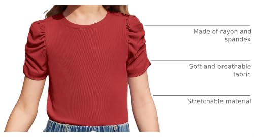 Image of Arshiner Girls Puff Short Sleeve Shirts Summer Ribbed Knit Crewneck T Shirt Tops Tee Blouse