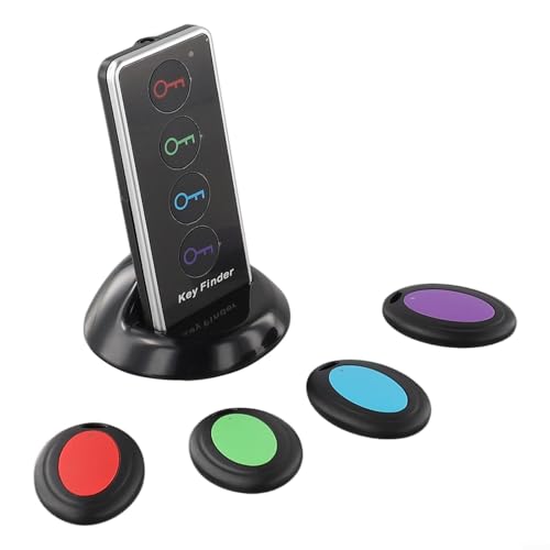 Localizador de llaves inalámbrico 4 en 1 con control remoto y luz LED, incluye 1 transmisor y 4 receptores para encontrar llaves, carteras, controles remotos y otros artículos dentro de 15-30 metros