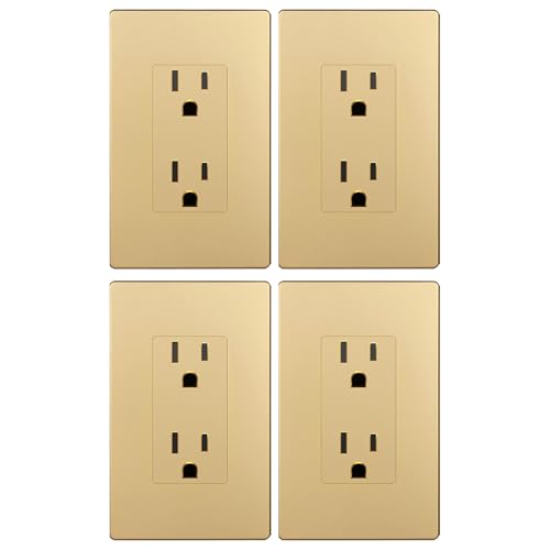 LIDER Decorator Receptacle with Interchangeable Face Cover Child Safe Tamper-Resistant Wall Outlet with Screwless Wall Plate 15A 125V LR15-TR-GDSWP4P UL Listed Thermoplastic Matte Gold 4-Pack