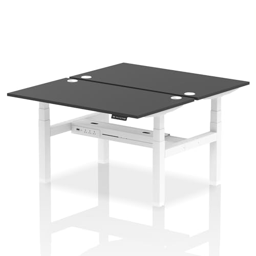 Image of Air Back-to-Back 1400 x 800mm Height Adjustable 2 Person Office Bench Desk Black Top with Cable Ports White Frame