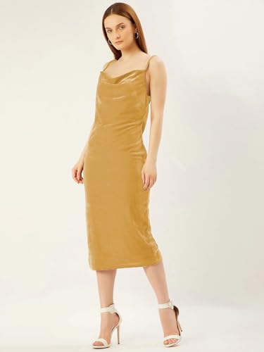 Image of Anvi Be Yourself Women's Solid Shoulder Strap Sleeveless Velvet Midi Bodycon Dress || Trendy Womens Cowl Neck Strappy Sheath Casual Dress with Side Slit || Western Plain One Piece Dress for Women