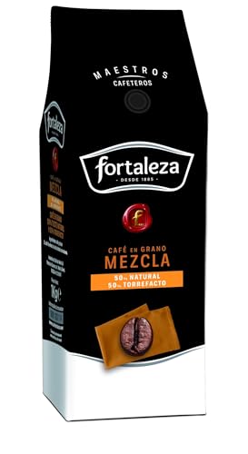 CAFÉ FORTALEZA Café en Grano Mezcla 50/50 con Matices de Vainilla y Caramelizados Formato 1Kg - Café en Grano Sabor Intenso, con Gran Cuerpo y Final Persistente – Variedad Arábica y Robusta