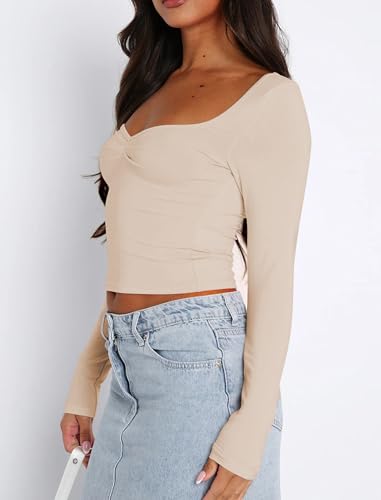 Image of Women Sweetheart Neckline Basic Fitted Tops Long Sleeve Going Out Crop Tops Ruched T Shirts