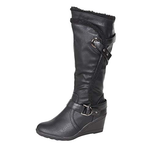 Tilly London Womans Knee Calf Fit High Wide Wedge Heel Tan Brown Beige Ladies Buckle Riding Boots Winter Warm Faux Fur Zips Collar