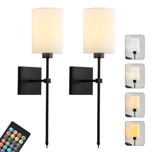 Image of Battery Operated Wall Sconce Set of Two,Wireless Rechargeable Wall Lights With Remote Control,Dimmable,4 CCT,RGB,Timer,Cordless Decor Lighting for Living Room, Bedroom, Entryway,Black,23.6 Inch