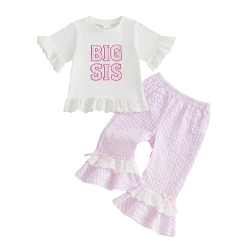 Yuufuniy Toddler Baby Girl Summer Clothes Short Sleeve Big Sis T-Shirt Tops Bell Bottoms Pants 2Pcs Girls Silly Goose Outfit (Big Sis-Pink 6-12 Months)