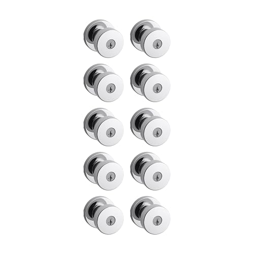 Image of Kwikset Pismo Entry Door Knob with Lock and Key, Secure Keyed Handle Exterior, Front Entrance and Bedroom, Polished Chrome, 10 Pack, Pick Resistant SmartKey Rekey Security