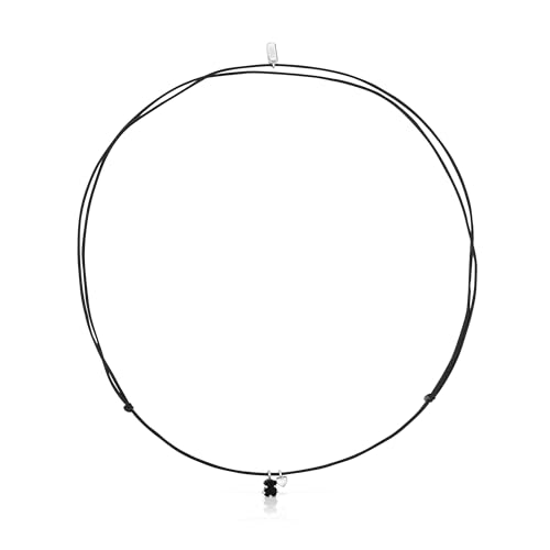 TOUS Collar de Plata de Primera Ley y Cordón con Motivo Corazón y Oso en Ónix para Mujer, 75cm de Largo, Colección Mini Color