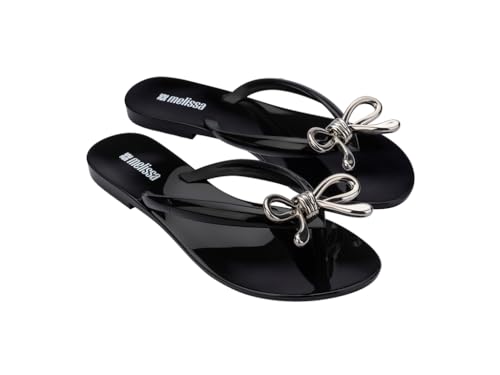 Melissa Harmonic Womens Fashion Sandals - Dressy Flip Flops with Metallic Bow - Lightweight PVC, Flexible Design - Summer Sandals for Women, Flat & Flexible, Iris, Black/Silver, 7