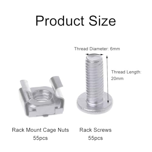 55er Set Käfigmutter, Montageschrauben, Käfigmuttern und Schrauben für Netzwerkschränke, Rack Montageschrauben & Käfigmuttern Set, M6 Käfigmuttern Schrauben Set mit Muttern Schrauben Unterlegscheiben