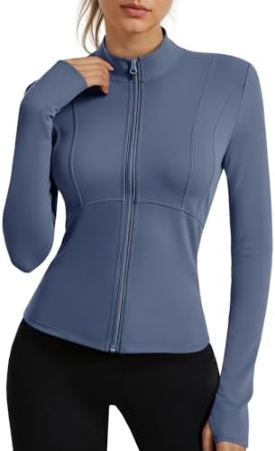 Fisoew Womens Long Sleeve Workout Jackets Zip Up UPF 50+ Lightweight Slim Athletic Running Hiking Gym Shirts Tops