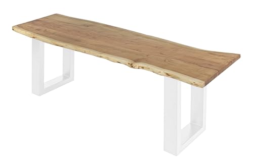 SAM Esszimmerbank 120x42 cm Chicago, Akazienholz naturfarben, Massive Holzbank mit echter Baumkante, Baumkantenbank mit U-Gestell Weiß, Sitzbank mit 26 mm Platte SAM Esszimmerbank 120x42 cm Chicago, Akazienholz naturfarben, Massive Holzbank mit echter Baumkante, Baumkantenbank mit U-Gestell Weiß, Sitzbank mit 26 mm Platte