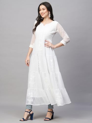 Image of RATAN Women's Solid Georgette Tiered Chikankari Flared Kurti Gown Maxi Dress