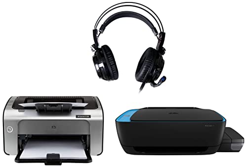 Image of HP Laserjet P1108 Single Function Monochrome Laser Printer & Ink Tank 319 Colour Printer, Scanner and Copier & H200Gs Wired Gaming Over Ear Headphones with Mic (8AA07AA)