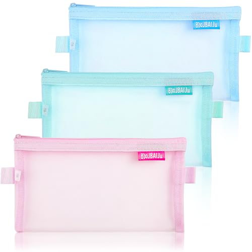 CKJ Clear Pencil Case 3Pcs, Pencil Bag for Exam, Zip Wallets Folders, Mesh Pencil Pouch for School Supplies, Bills, Cosmetics, Stationery and Travel Accessories (Pink, Green, Blue)